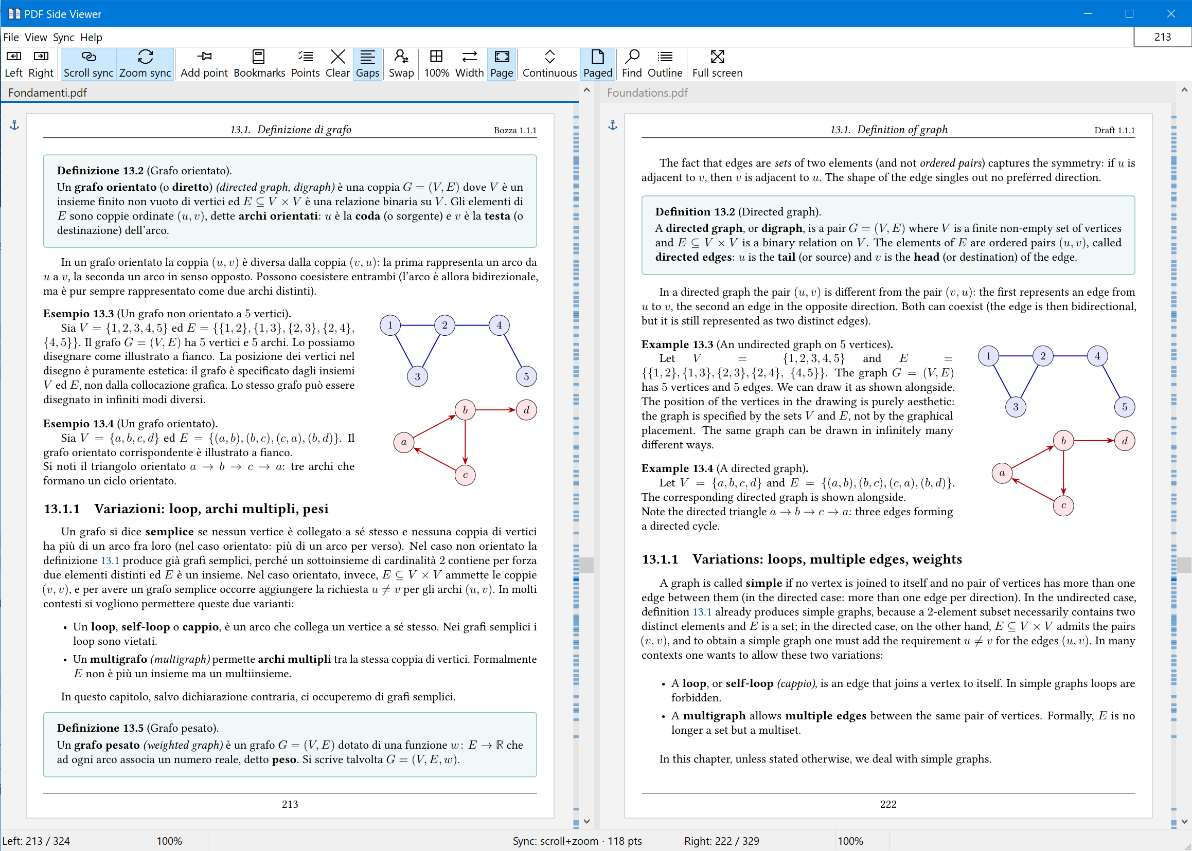 PDF Side Viewer with an Italian textbook on the left and its English edition on the right, both showing the same section 13.1 although the page numbers differ.