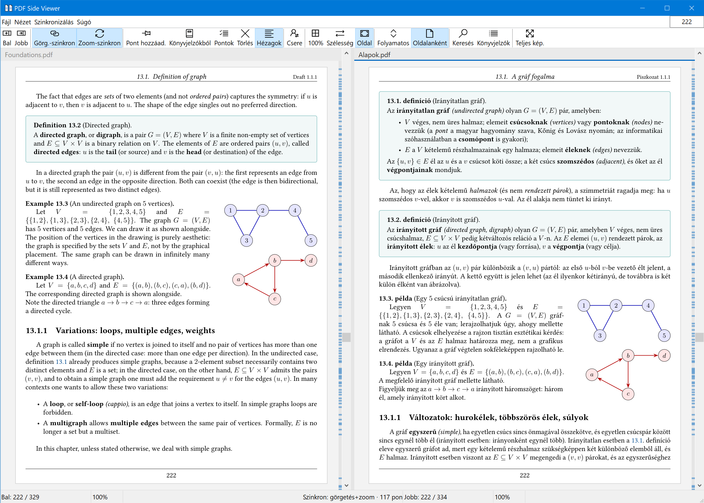 A PDF Side Viewer bal oldalán egy tankönyv angol kiadása, jobb oldalán a magyar kiadása, mindkettő ugyanannál a 13.1. szakasznál, noha a két kiadás hossza különbözik.