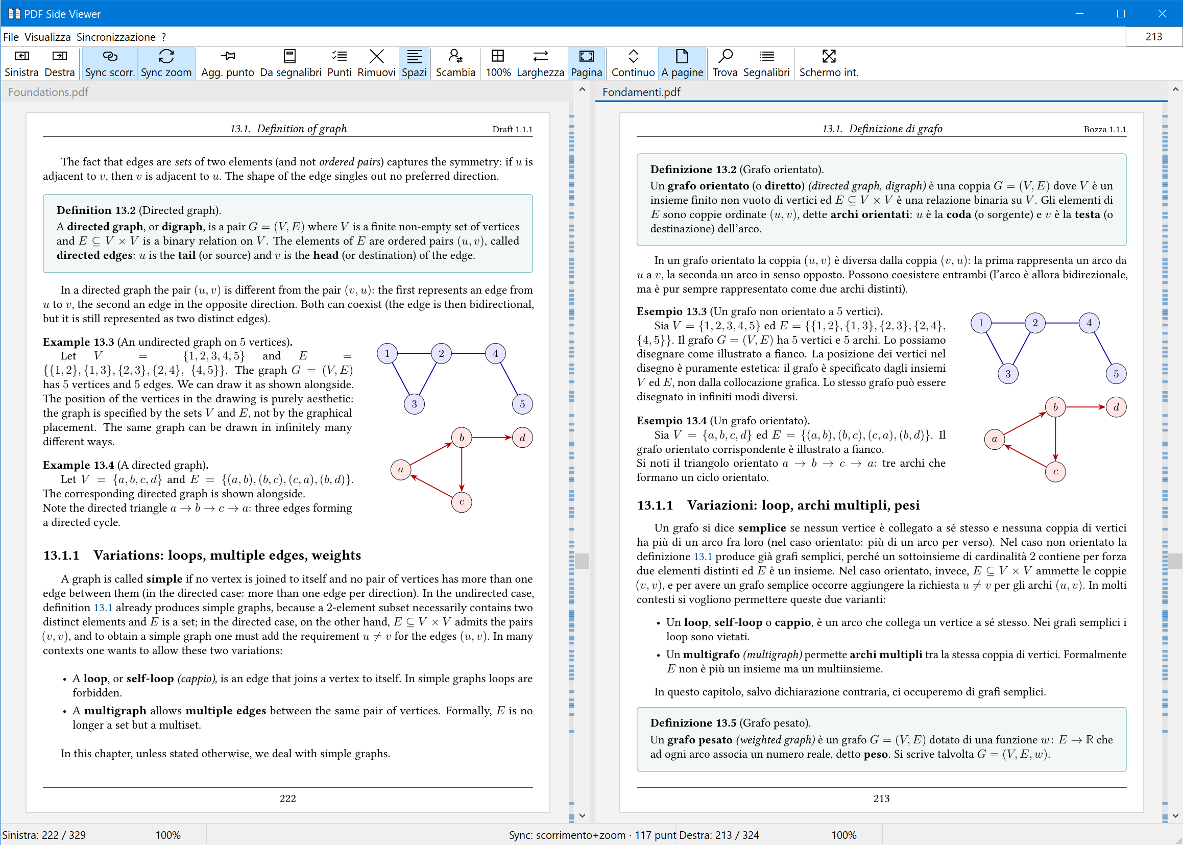 PDF Side Viewer con l'edizione inglese di un libro di testo a sinistra e quella italiana a destra, entrambe sulla stessa sezione 13.1 nonostante la numerazione delle pagine sia diversa.